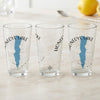 Three clear glasses featuring blue Honeoye Lake map and compass design.
