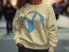 Yellow sweatshirt with Lake Union, Washington map and compass rose graphic.