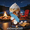 Glass of iced coffee with whipped cream, Onondaga Lake map, s'mores ingredients, fire pit, and Adirondack chair.