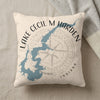 Pillow with Lake Cecil M Harden Indiana map and compass graphic.