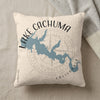 Pillow with a light blue map of Lake Cachuma, California, and a compass rose.