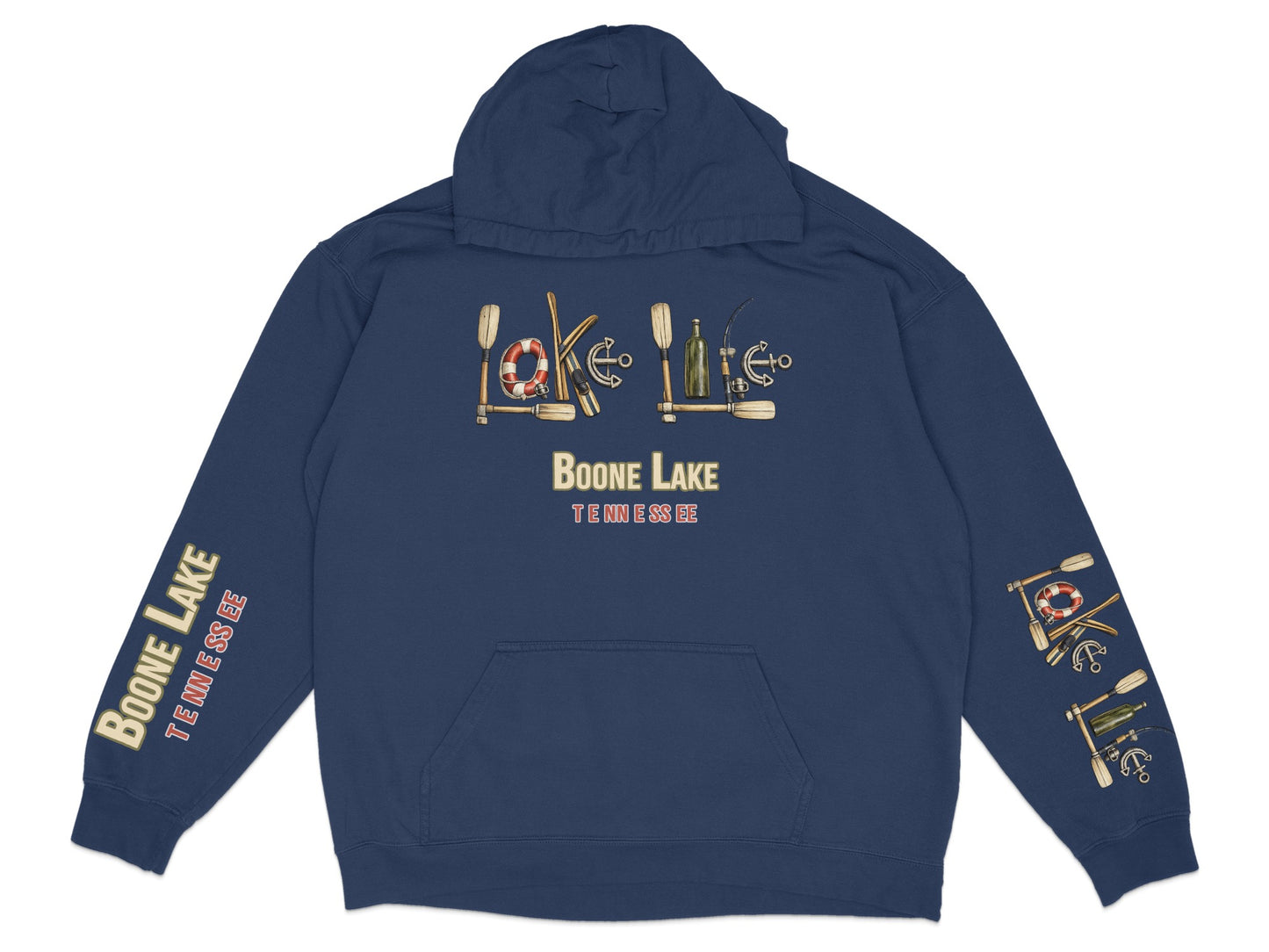 Navy blue hoodie with "Boone Lake Tennessee" text and nautical graphics.