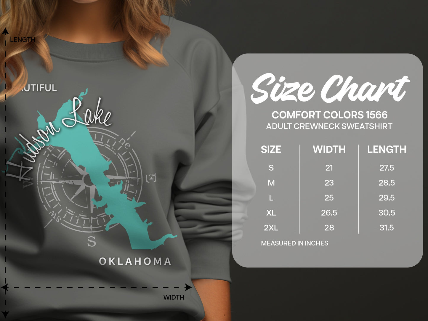 Hudson Lake OK compass graphic and Comfort Colors 1566 sweatshirt size chart.