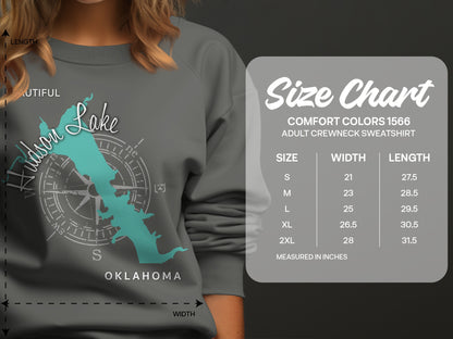 Hudson Lake OK compass graphic and Comfort Colors 1566 sweatshirt size chart.
