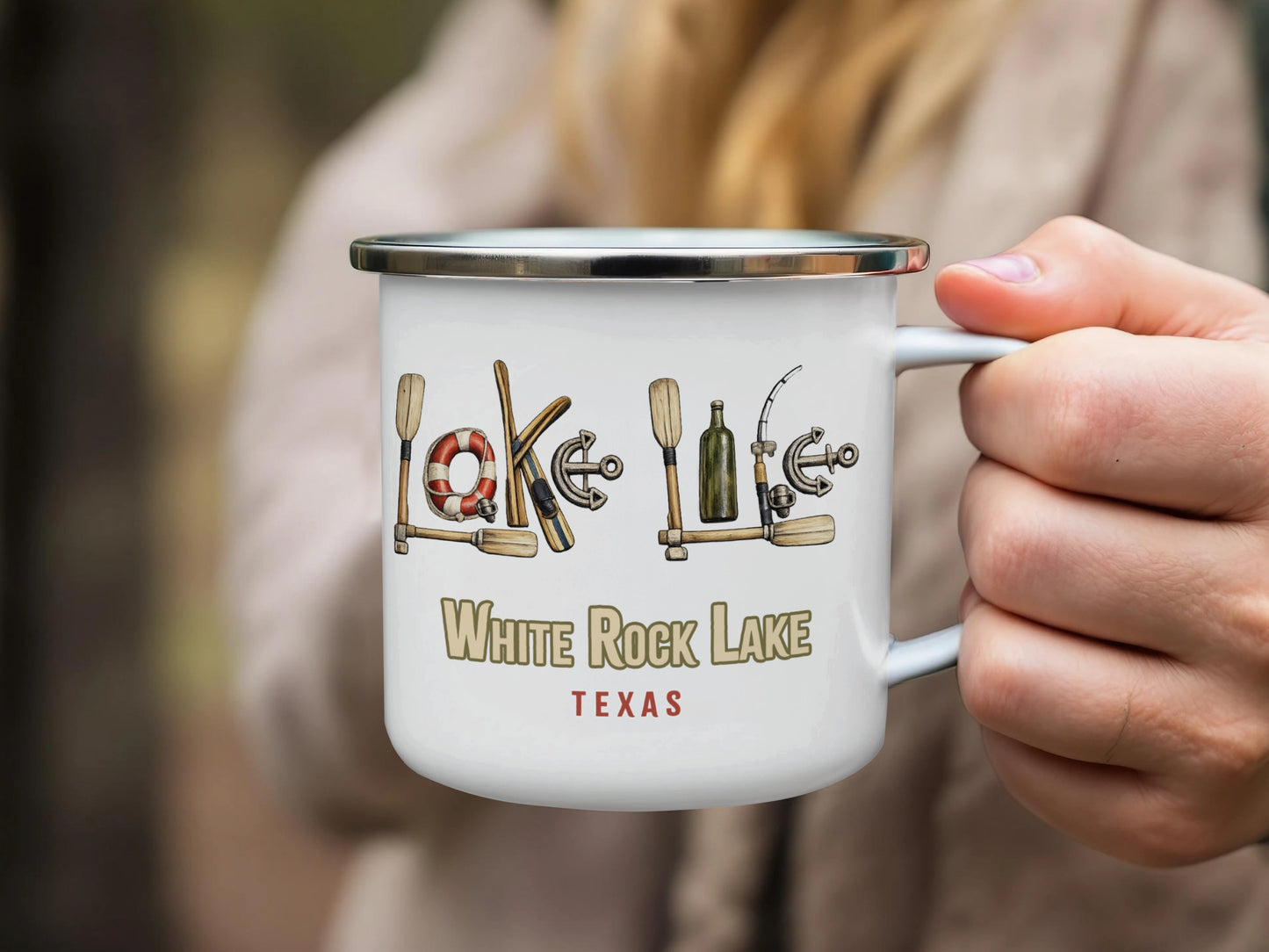 White Rock Lake Texas enamel mug with nautical and fishing graphics.