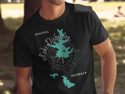 Black t-shirt with "Lake Disharoon Georgia" and a compass rose graphic.