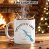 White mug with Saylorville Lake Iowa map and compass design.