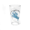 Clear glass pint glass with Lake Winnipesaukee map and compass design.