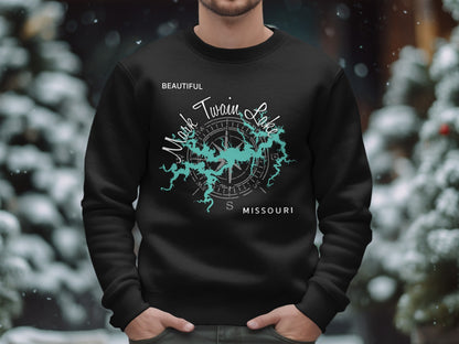Black sweatshirt with "Beautiful Mark Twain Lake Missouri" compass rose design.