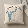 New Hogan Lake California map and compass design on cream pillow.