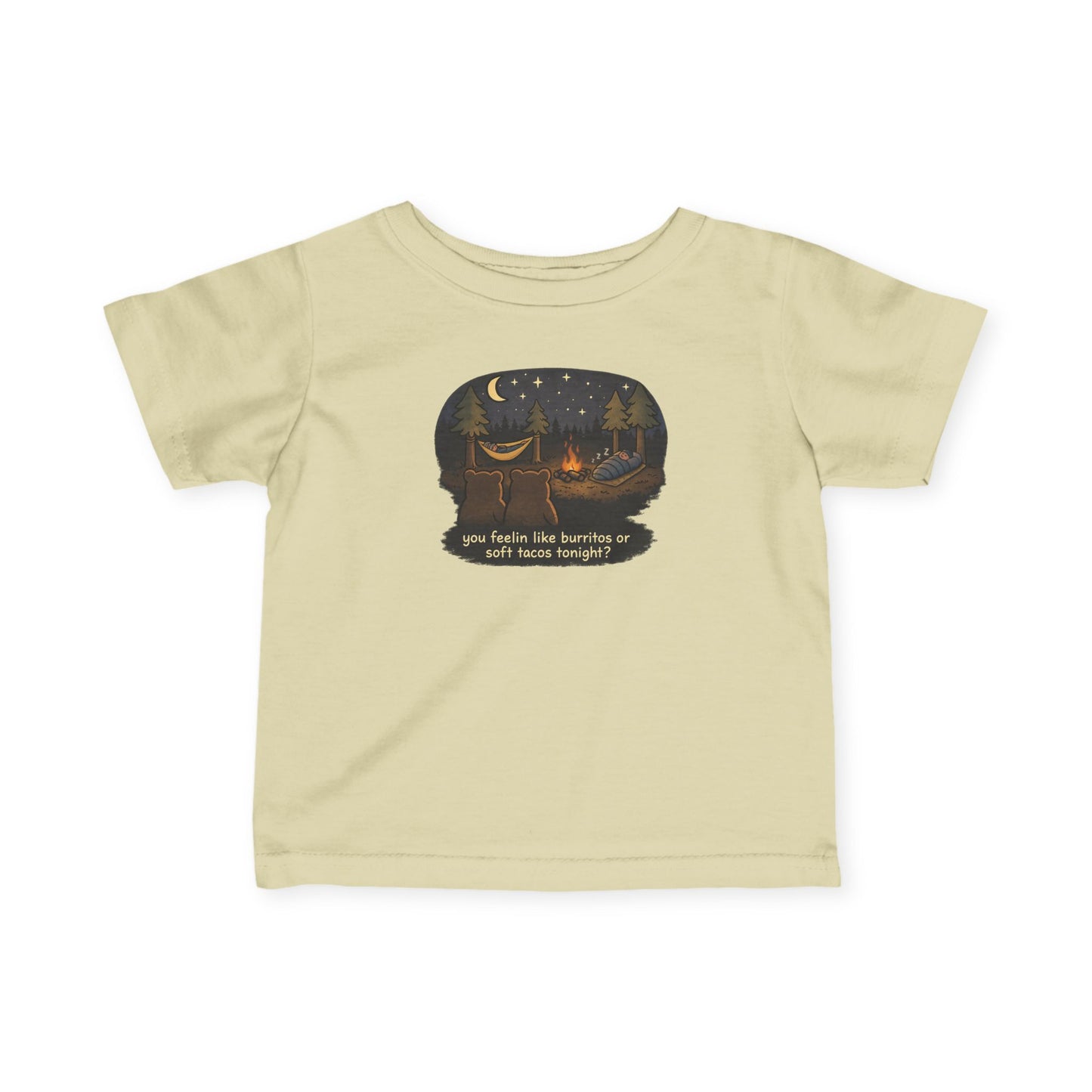 Campfire Bears Humor Baby Toddler Shirt, People in Sleeping Bags are Bear Burritos and Tacos Joke, Camping Smores Shirt
