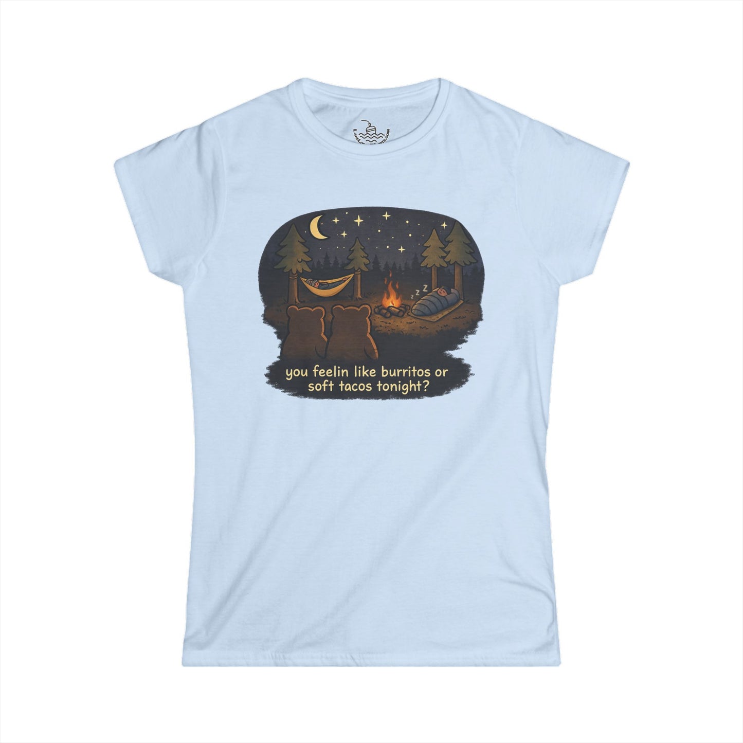 Campfire Bears Humor Women's Cut Shirt, People in Sleeping Bags are Bear Burritos and Tacos Joke, Hiking Smores Bonfire Shirt
