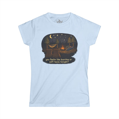 Campfire Bears Humor Women's Cut Shirt, People in Sleeping Bags are Bear Burritos and Tacos Joke, Hiking Smores Bonfire Shirt
