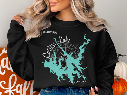 Black sweatshirt with Carters Lake, Georgia map and compass design.
