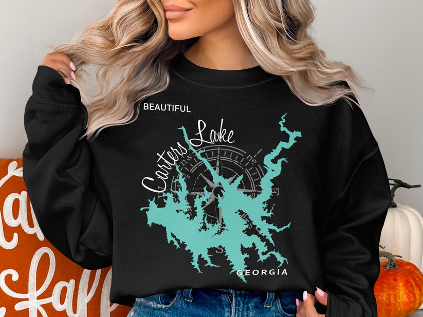 Black sweatshirt with Carters Lake, Georgia map and compass design.