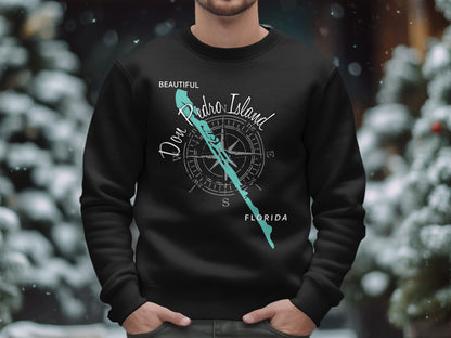 Black sweatshirt with compass design featuring "Don Pedro Island Florida."