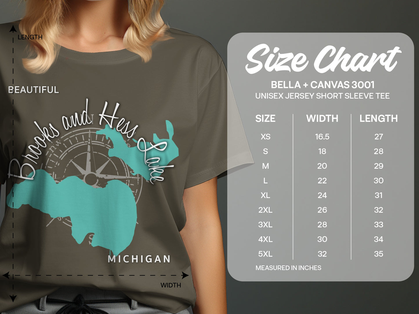 T-shirt size chart for Brooks and Hess Lake Michigan design.