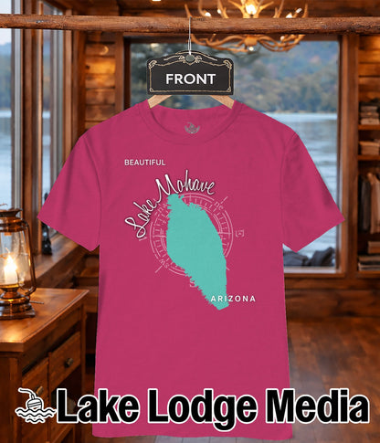 Magenta t-shirt with "Lake Mojave Arizona" text and map graphic.