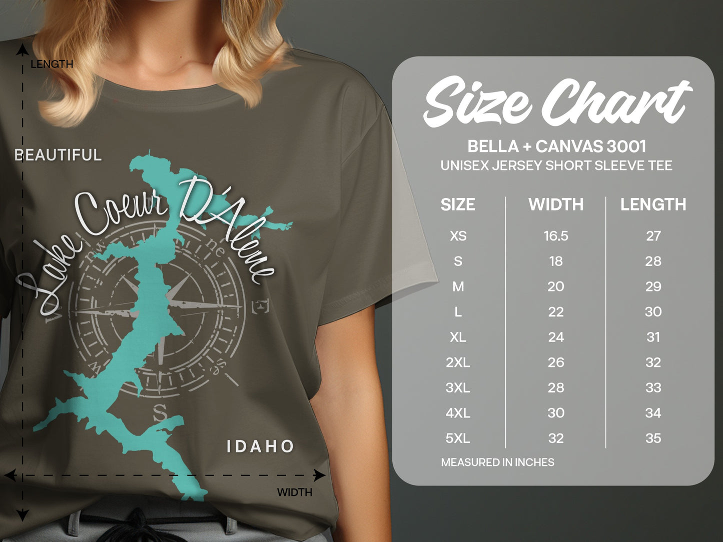 T-shirt size chart with Coeur d'Alene graphic and measurement details.