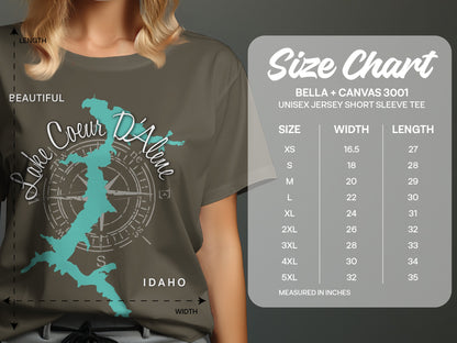 T-shirt size chart with Coeur d'Alene graphic and measurement details.