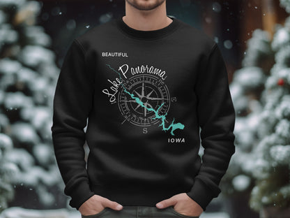 Black sweatshirt with "Beautiful Lake Panorama Iowa" compass graphic.