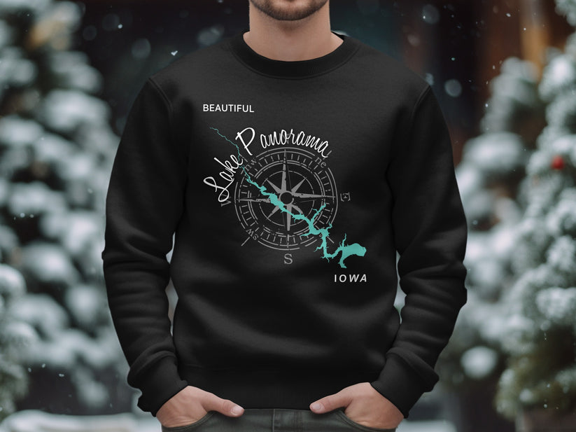 Black sweatshirt with "Beautiful Lake Panorama Iowa" compass graphic.