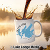 White mug with Leech Lake, Minnesota map graphic, coffee pouring into it.