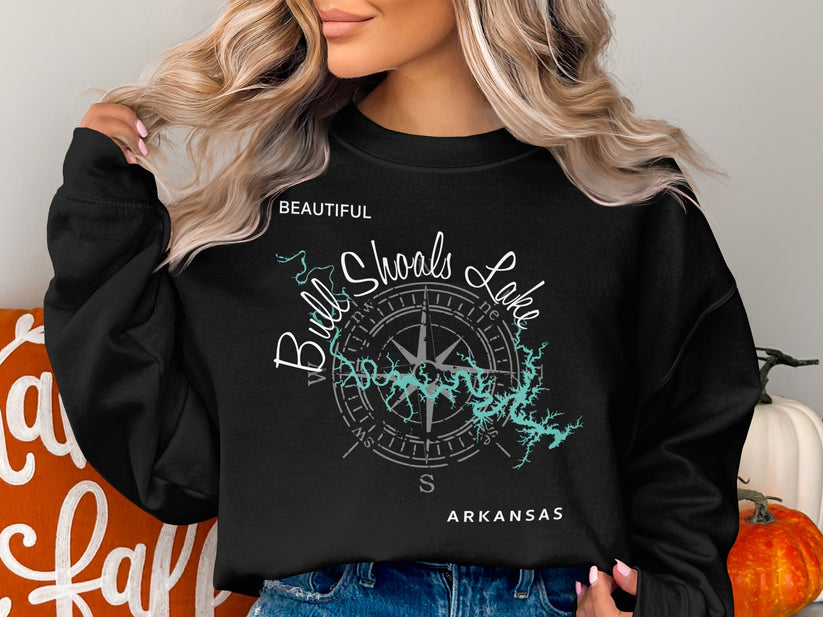 Black sweatshirt with "Beautiful Bull Shoals Lake Arkansas" and compass graphic.