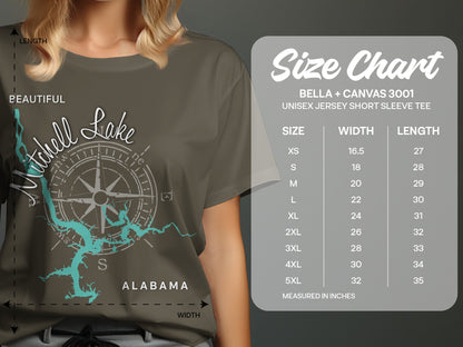 T-shirt size chart for Bella + Canvas 3001 with Mitchell Lake graphic.
