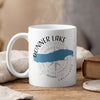 White mug with Donner Lake map, compass, and California text.