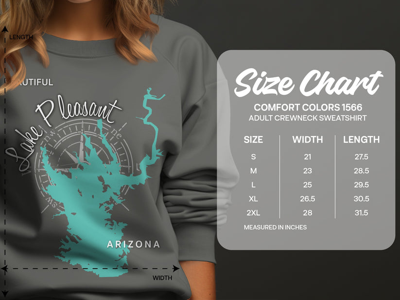 Lake Pleasant Arizona graphic on sweatshirt size chart with measurements.
