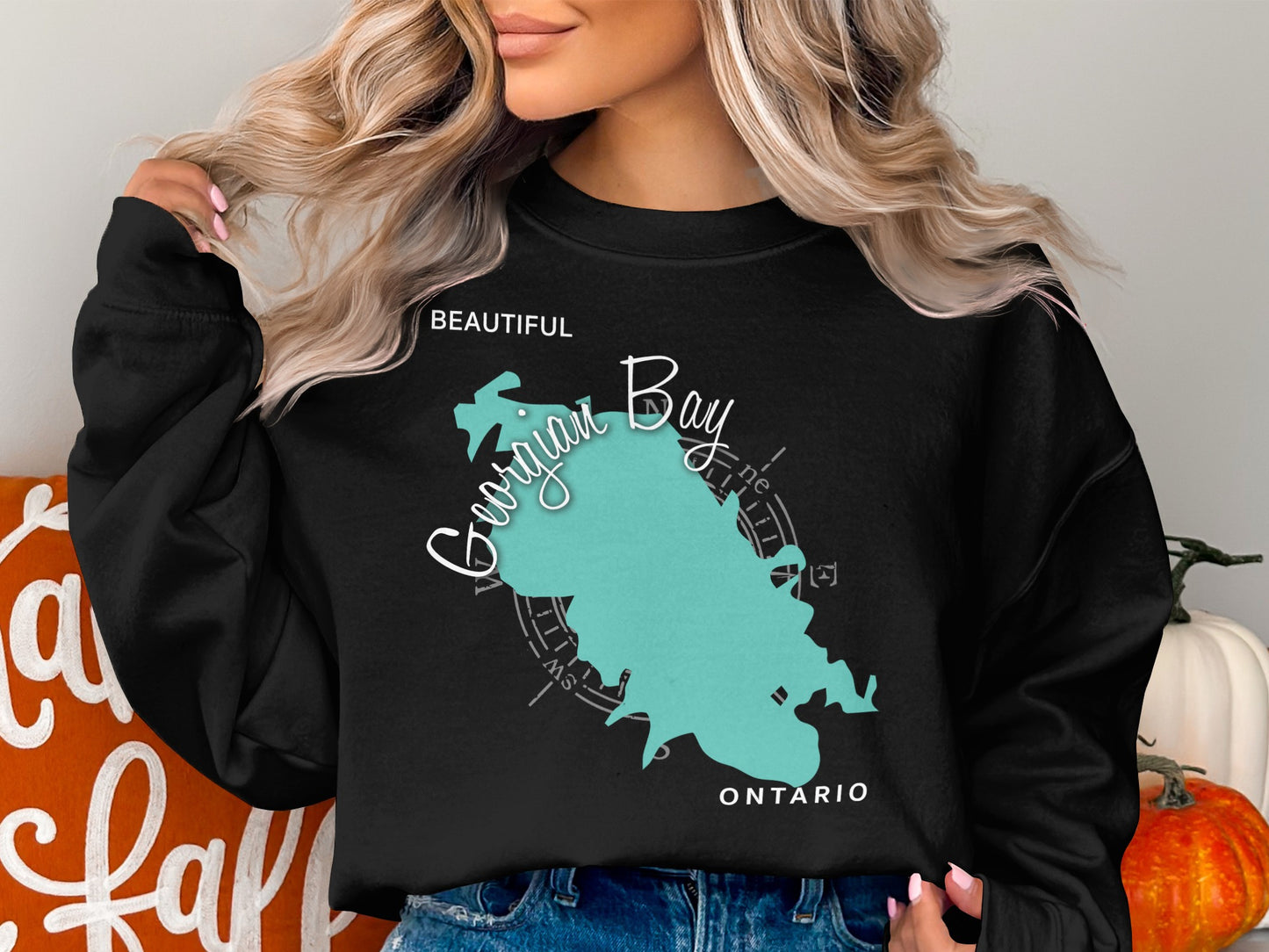 Black sweatshirt with Georgian Bay, Ontario map graphic and compass rose.
