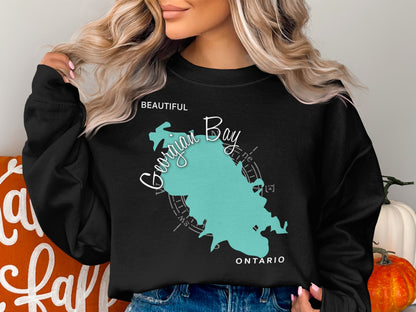 Black sweatshirt with Georgian Bay, Ontario map graphic and compass rose.