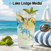 Glass with Percy Priest Lake map design filled with beverage and ice, beach scene.