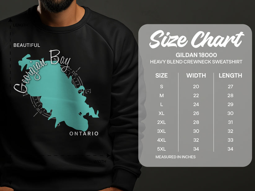 Georgian Bay, Ontario graphic on a dark sweatshirt, with a size chart for Gildan 18000 sweatshirts.