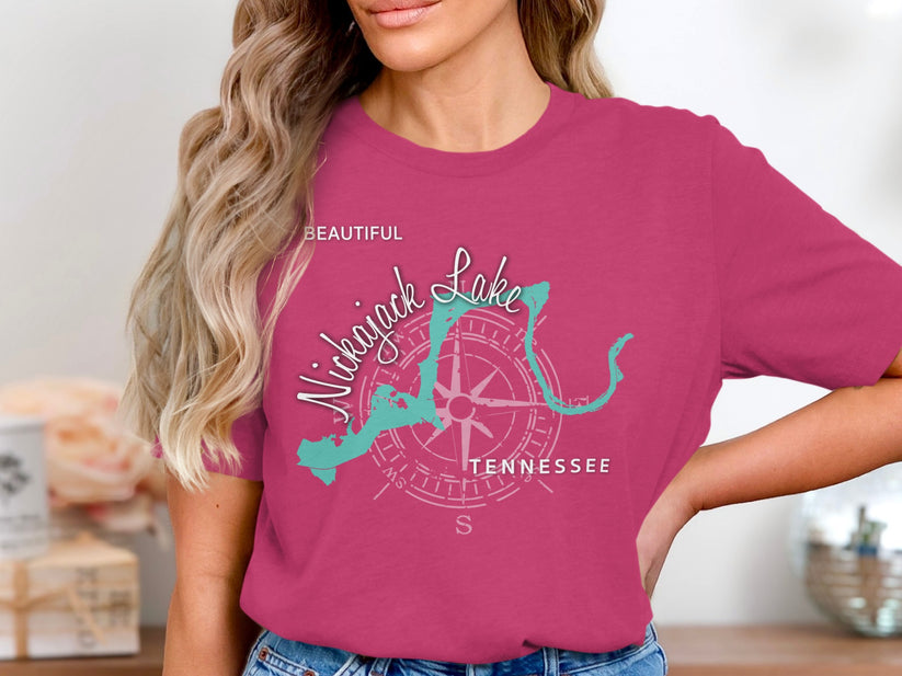 Pink t-shirt featuring a map of Nickajack Lake with a compass rose.