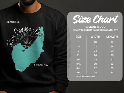 Crewneck sweatshirt with Rose Canyon Lake map and size chart.
