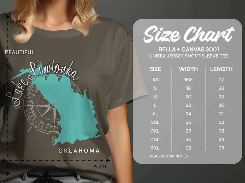 Lake Lawtonka Oklahoma t-shirt with size chart.