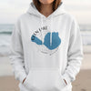 White hoodie with Glen Lake Michigan map and compass graphic.