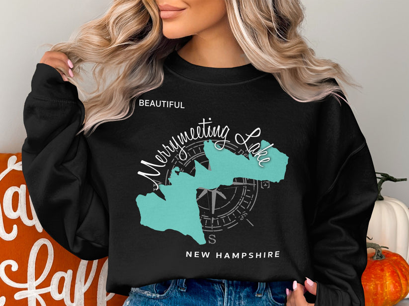 Black sweatshirt with turquoise Merrymeeting Lake New Hampshire map graphic.