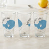 Three clear glasses each featuring a blue map of Mono Lake and text.