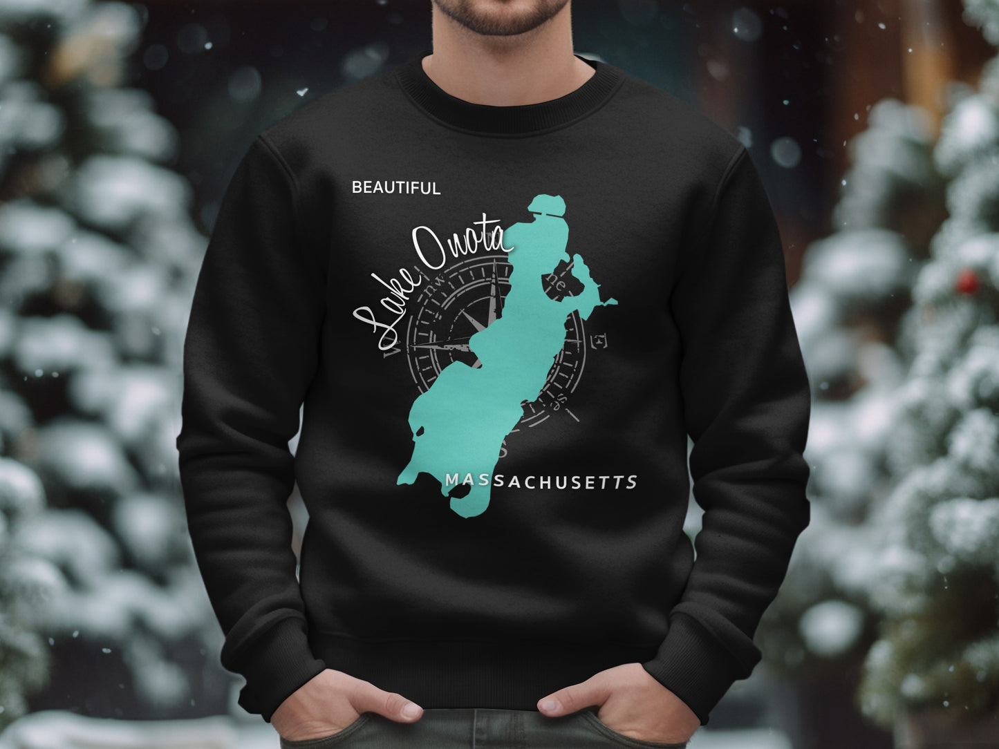 Black sweatshirt with a teal map of Massachusetts and "Beautiful Lake Quota" text.