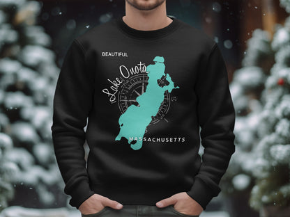 Black sweatshirt with a teal map of Massachusetts and "Beautiful Lake Quota" text.
