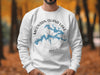 White sweatshirt with Mountain Island Lake and compass design, North Carolina.