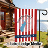 Garden flag with red and white stripes, Saratoga Lake map, and "The Smith Family".