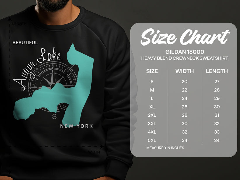Sweatshirt with Augur Lake map design and Gildan 18000 size chart.