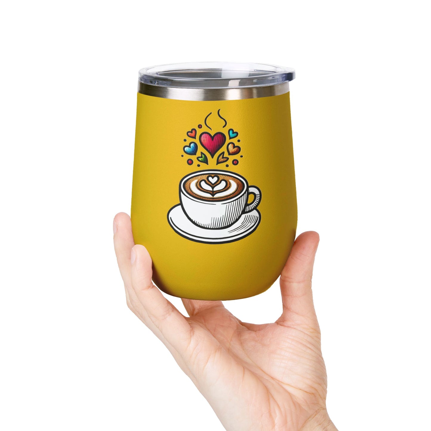 Charming Coffee Wine Tumbler with Lid for Coloring Book Lovers, Heart and Latte Design, Stainless Steel