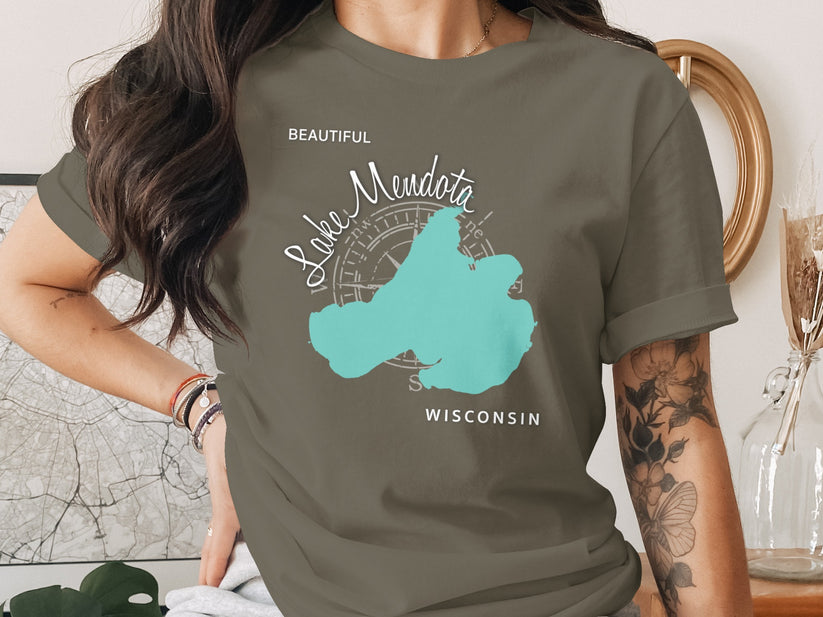 T-shirt with Lake Mendota Wisconsin map graphic and compass rose.