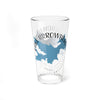 Clear glass pint glass with blue Lake Arrowhead map and compass design.