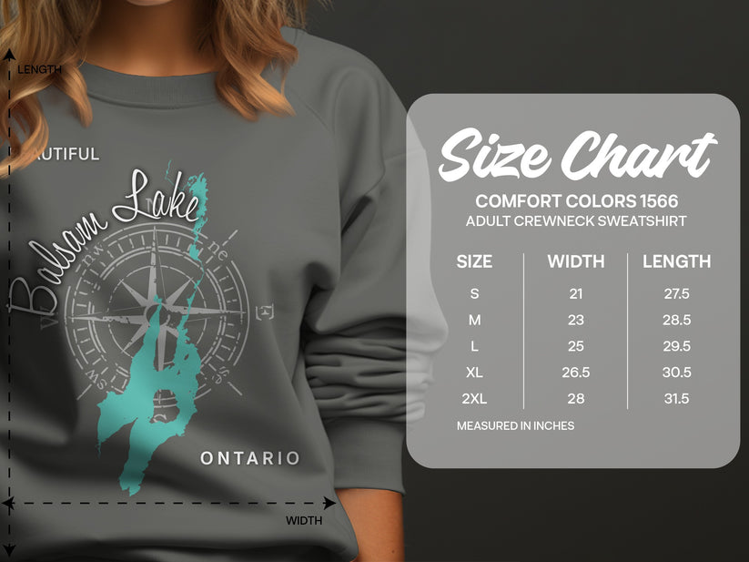 Comfort Colors 1566 sweatshirt size chart with measurements in inches.